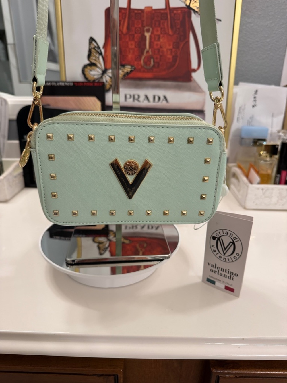 Valentino Orlandi Mint Green Studded Crossbody Camera Bag